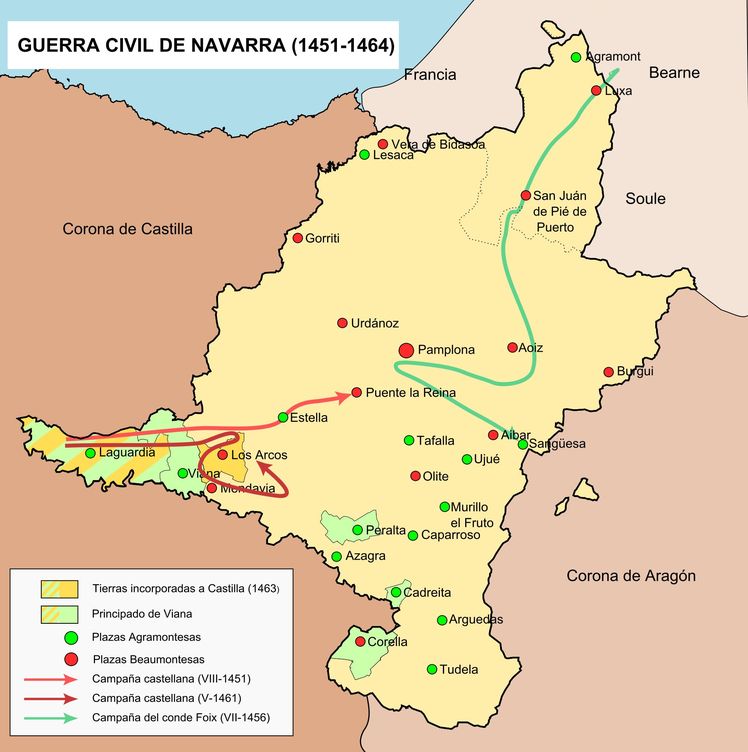 Mapa de la guerra civil del Reino de Navarra (1451 -1461).