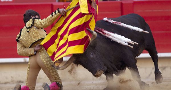 Foto: El torero Antonio Barrera luce una muleta con los colores de la 'senyera' durante el festejo celebrado en la Monumental de Barcelona en 2011. (EFE)