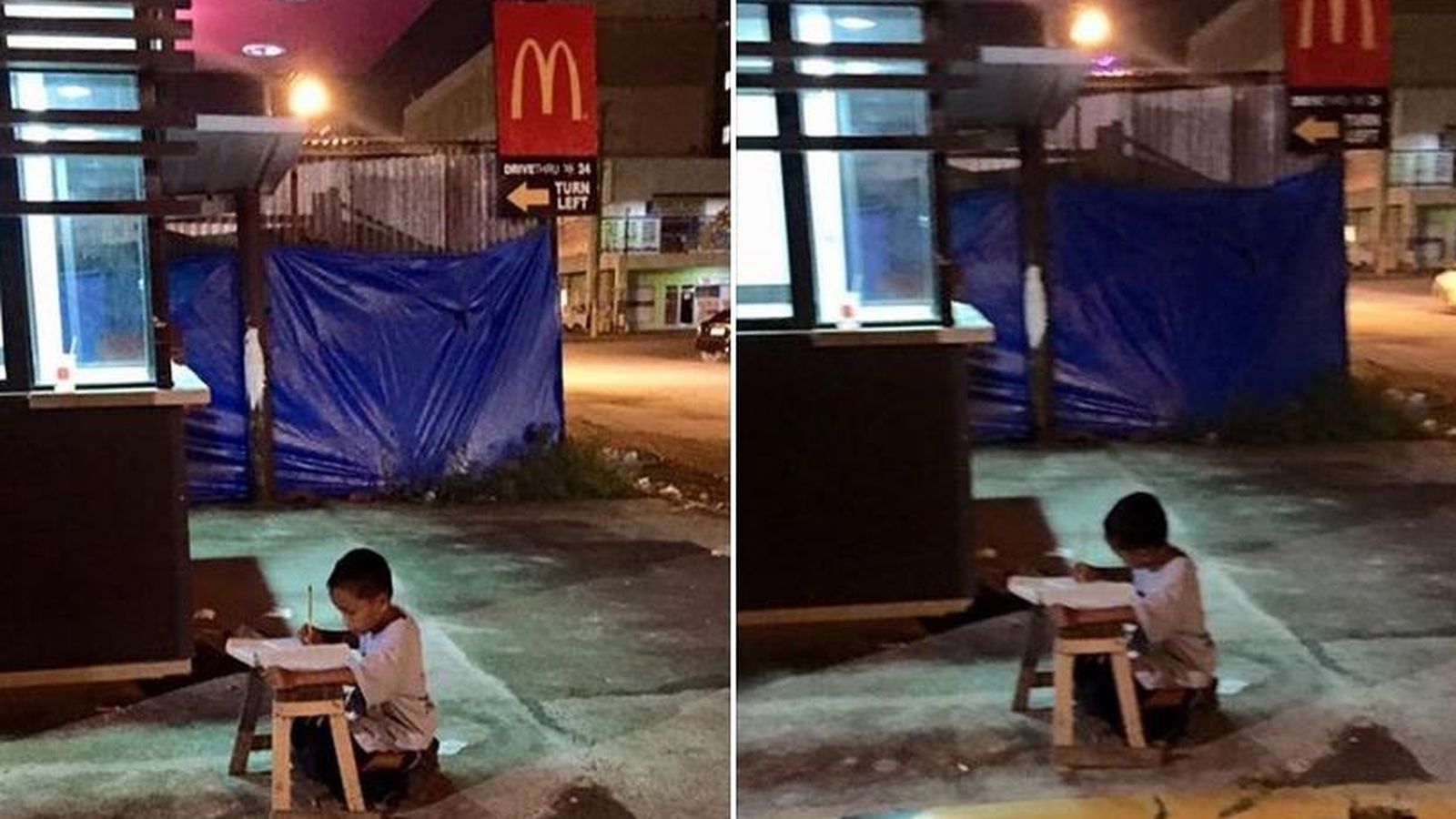 Foto: Daniel Cabrera, de 9 años, haciendo los deberes en la calle (Facebook: Joyce Gilos Torrefranca)