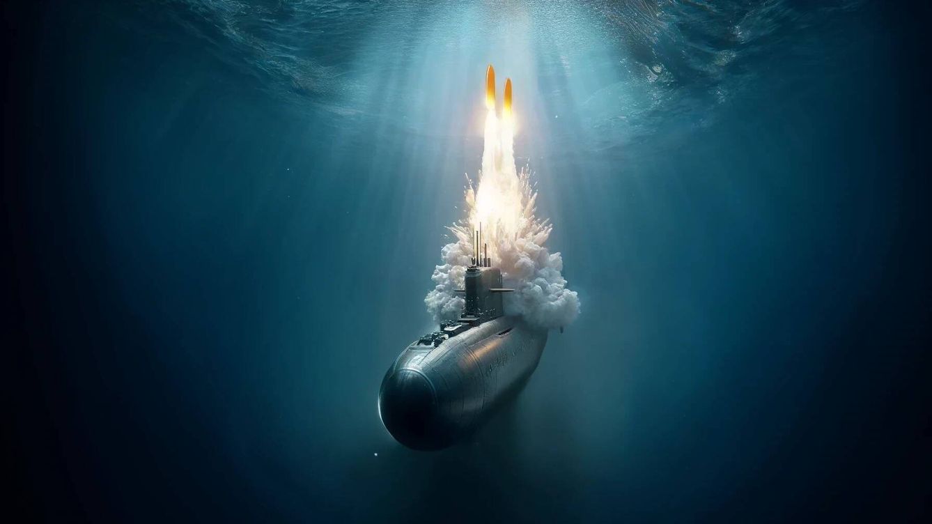 Foto: Ilustración de un submarino lanzando cohetes con drones dentro. (Inteligencia artificial/Novaceno)