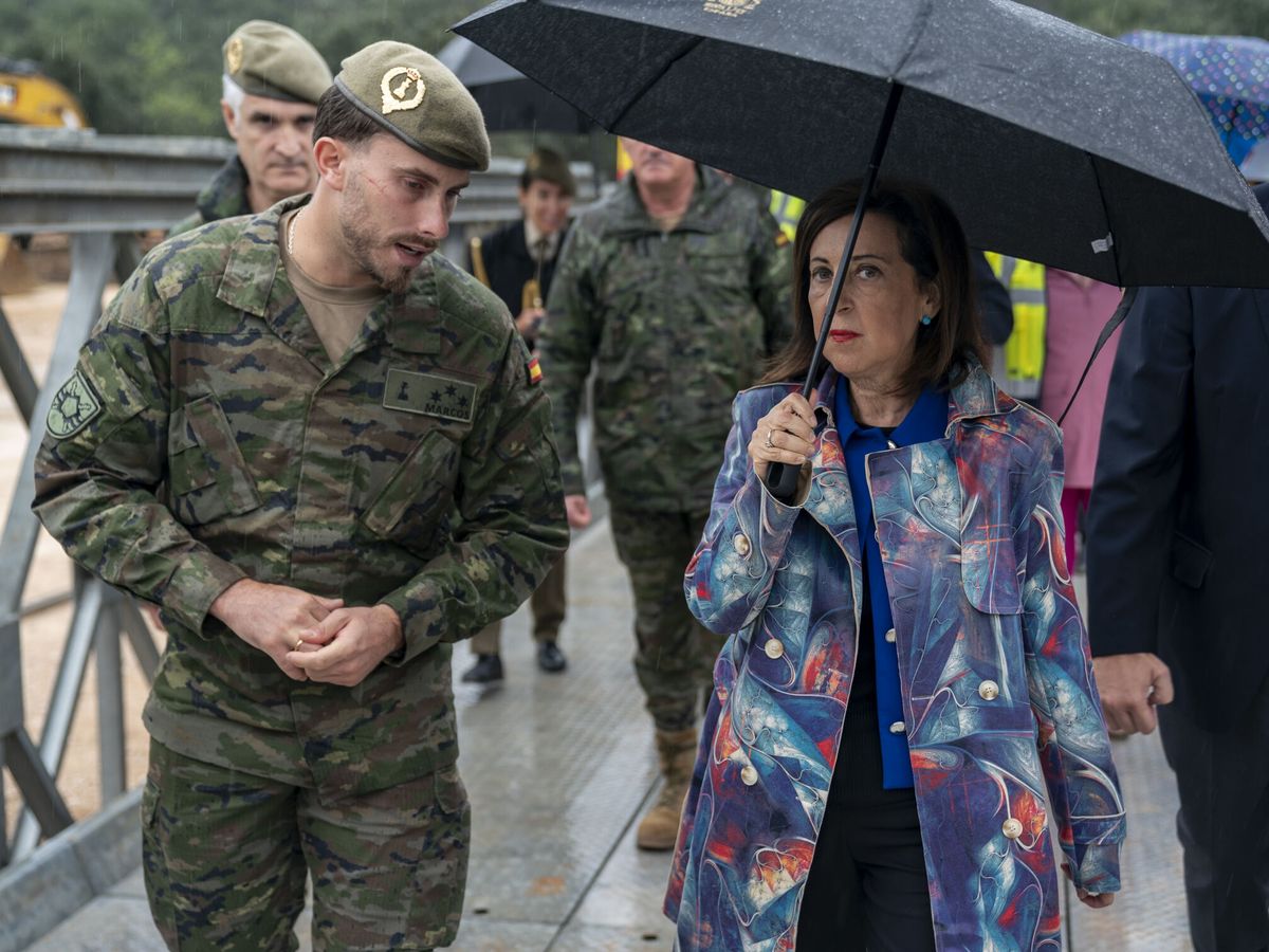 Foto: La ministra de Defensa en funciones, Margarita Robles, durante su visita al puente. (Europa Press/Pérez Meca) 