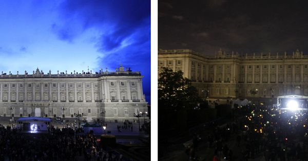 Foto: Combo del Palacio Real de Madrid, con las luces encendidas y apagadas para celebrar la 'Hora del Planeta'. (EFE)
