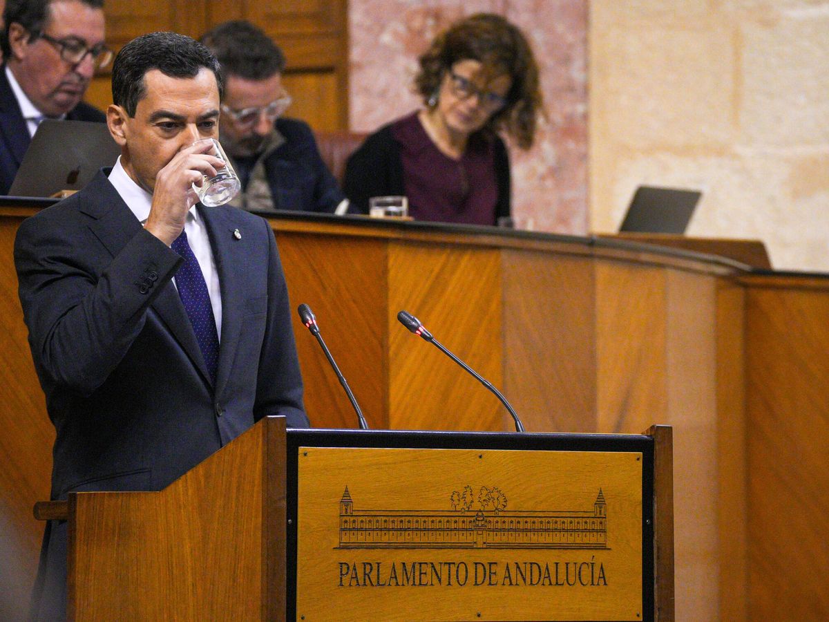 Foto: El presidente de la Junta de Andalucía, Juanma Moreno, en el debate sobre el estado de la comunidad celebrado en el Parlamento andaluz. (Francisco J. Olmo/Europa Press)