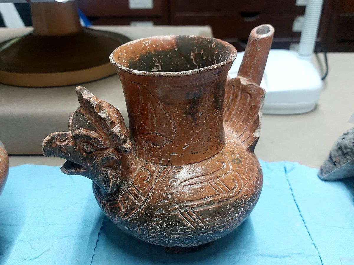 Foto: Una vasija de cerámica encontrada durante la construcción del Tren Maya, en el estado de Yucatán (México). EFE 
