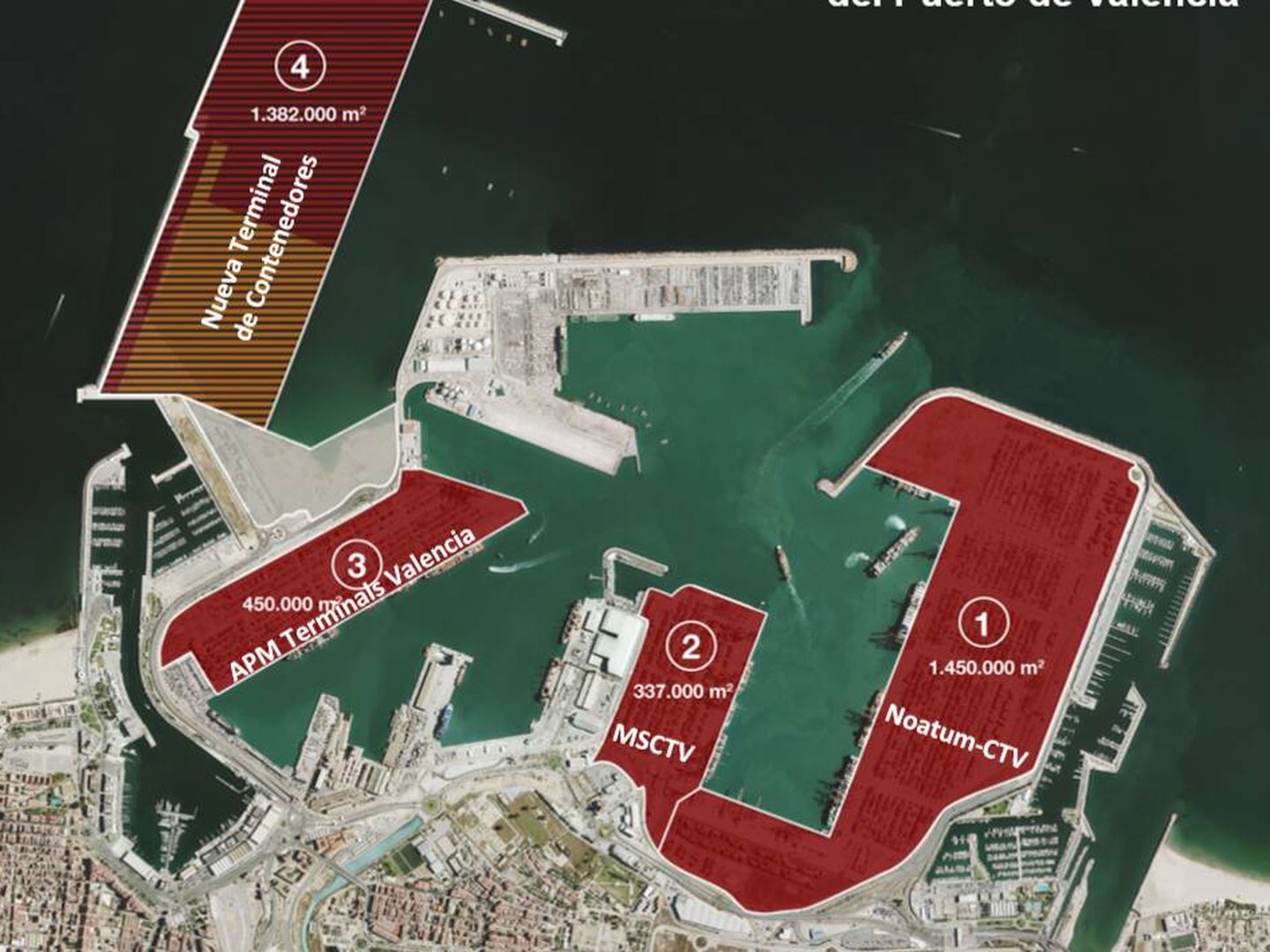 Las terminales del Puerto de Valencia. La cuarta es la que está por ejecutar. 