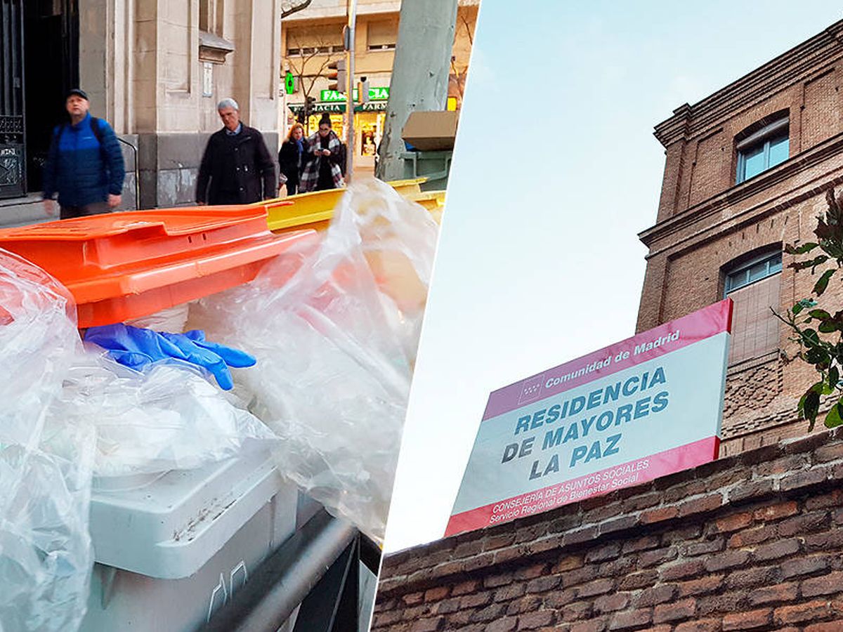 Foto: Residuos sanitarios en la puerta de la residencia La Paz, en Madrid. (A. P.)
