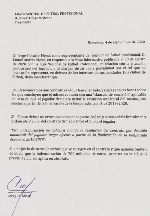 Comunicado oficial de Leo Messi a LaLiga.