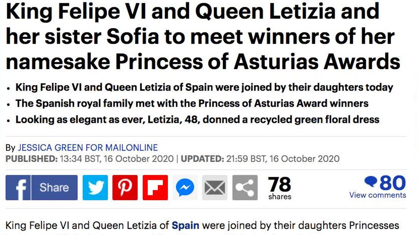 La noticia sobre los Premios Princesa de Asturias en el 'Daily Mail'.