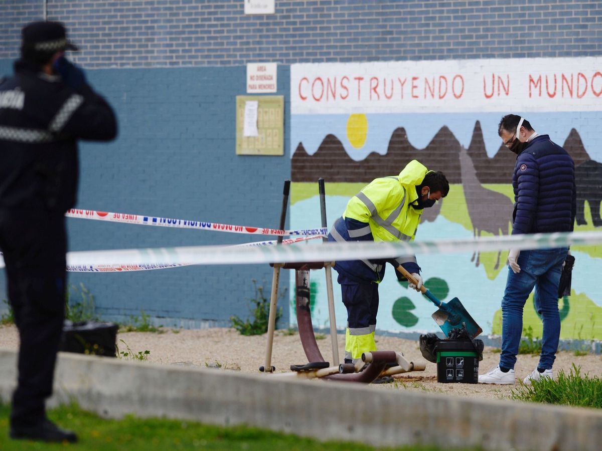 Foto: Efectivos del servicio de limpieza del Ayuntamiento y de la policía investigan en el parque de Laguna de Duero (Valladolid). (EFE)