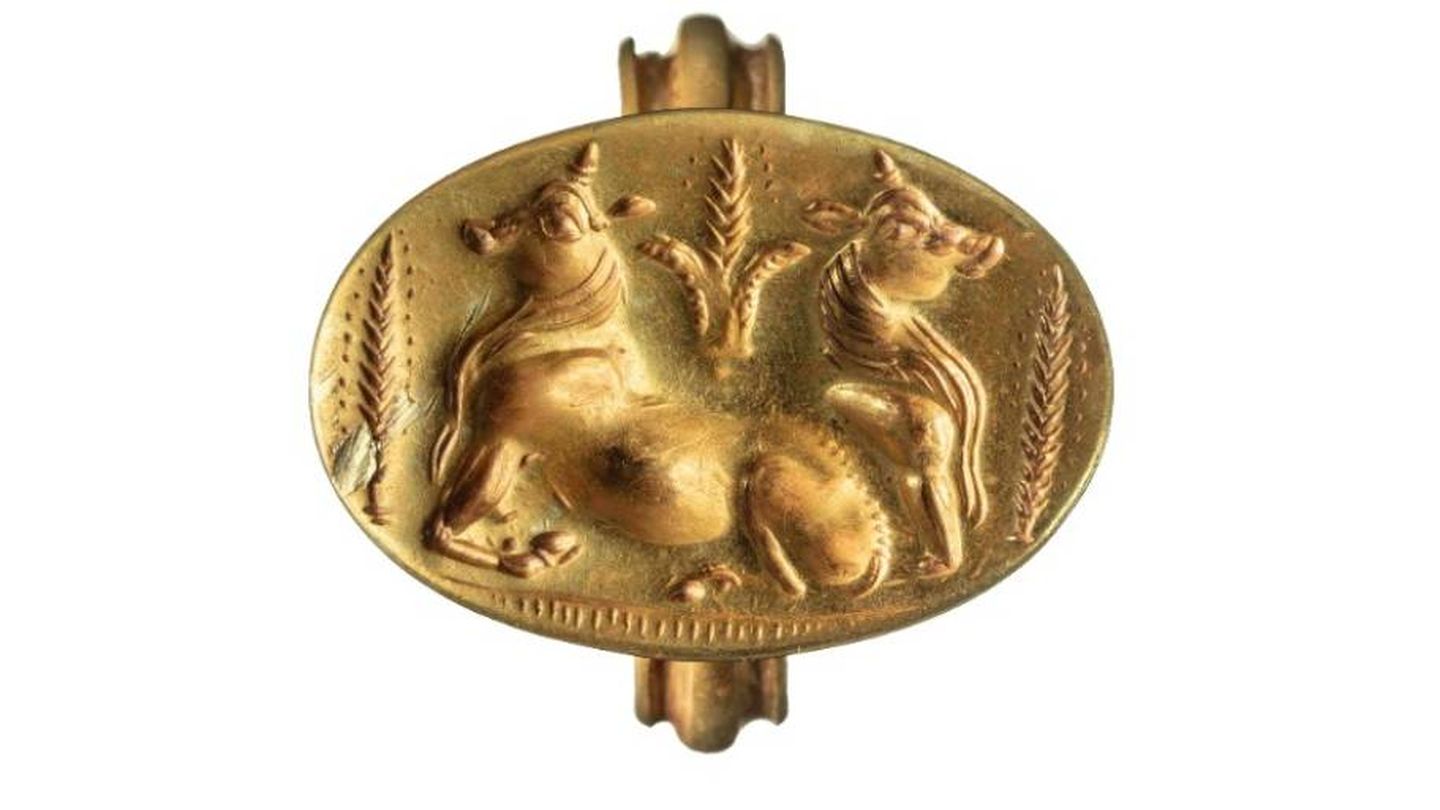 El medallón dorado enconjtrado en el interior de la tumba. (Universidad de Cincinnati)