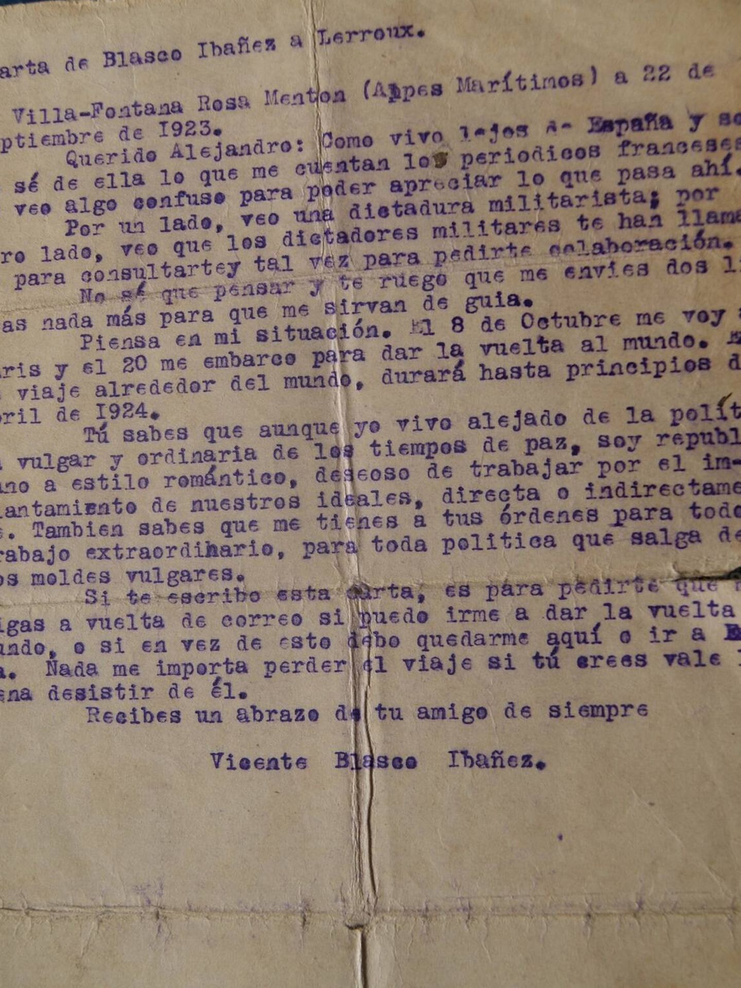 Carta de Blasco Ibáñez a Lerroux.