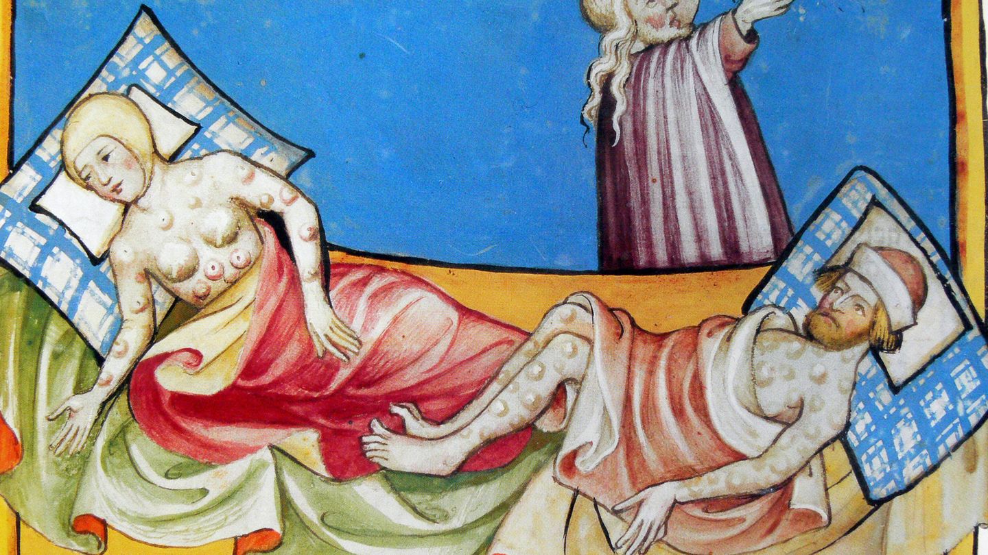 Víctimas de la peste, con los característicos bubones, en una ilustración de la Biblia de Toggenburgo.