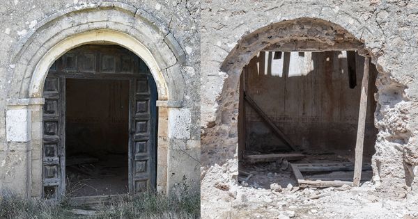 Foto: Entrada de la iglesia de La Mercadera antes y después del expolio. 