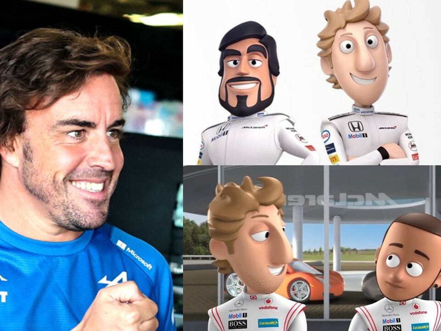 Hasta Hamilton tiene el pelo más claro que Alonso en caricaturas. (Alpine/McLaren Tooned)