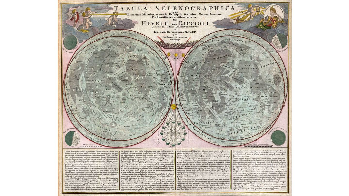 Mapa de la Luna (JB Homann y Johann Gabriel Doppelmayr, 1742). Fuente: Wikipedia.