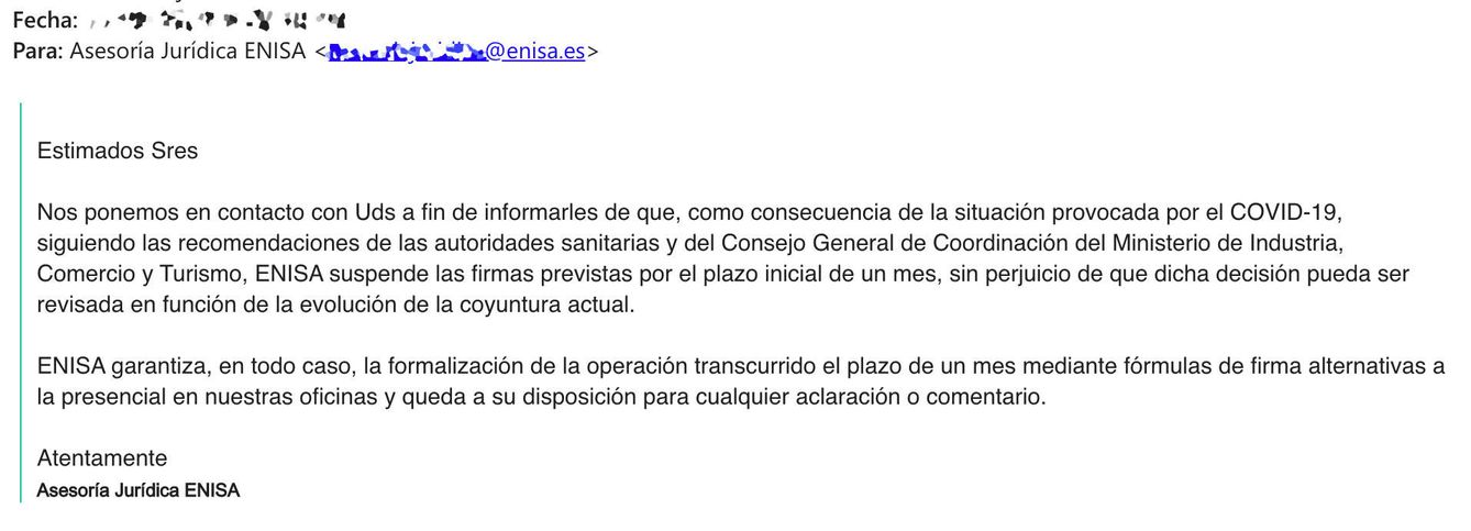 Email enviado por la Empresa Nacional de Innovacion, S.A. (Enisa) a una 'startup' española.