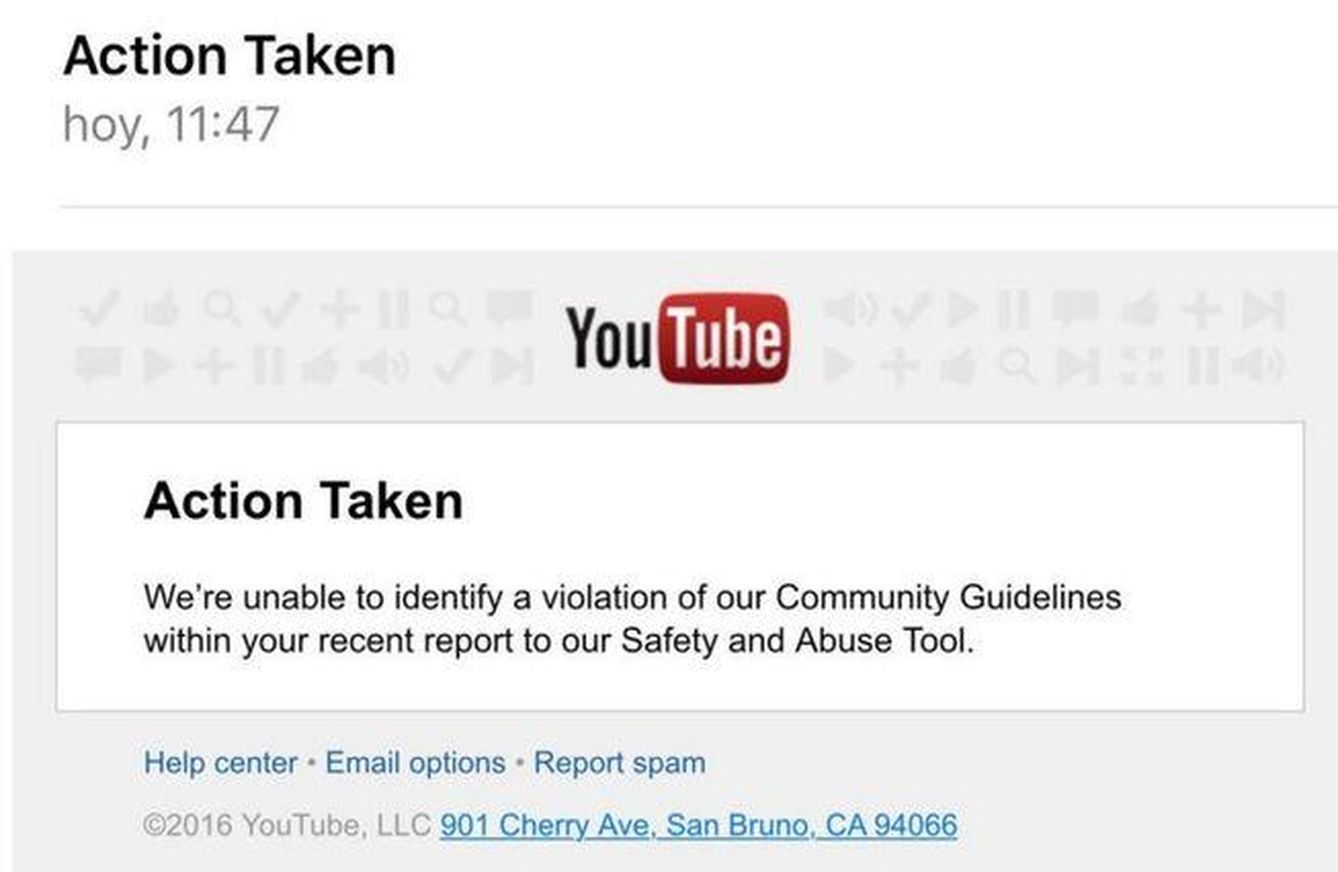 Mensaje automático de YouTube que recibió Desirée Bela-Lobedde tras denunciar los insultos racistas