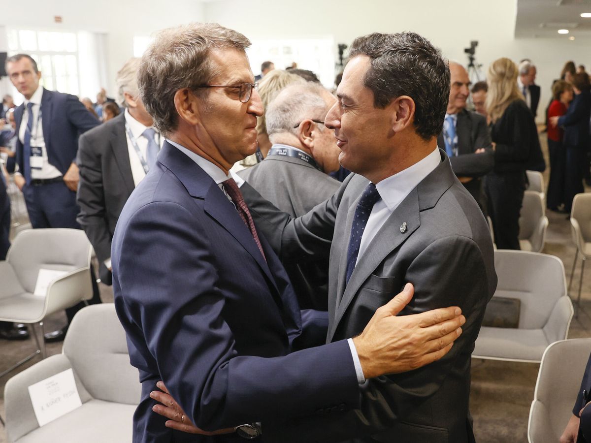 Foto: El presidente del PP, Alberto Núñez Feijóo, y el presidente de la Junta de Andalucía, Juanma Moreno. (EFE/Lavandeira)