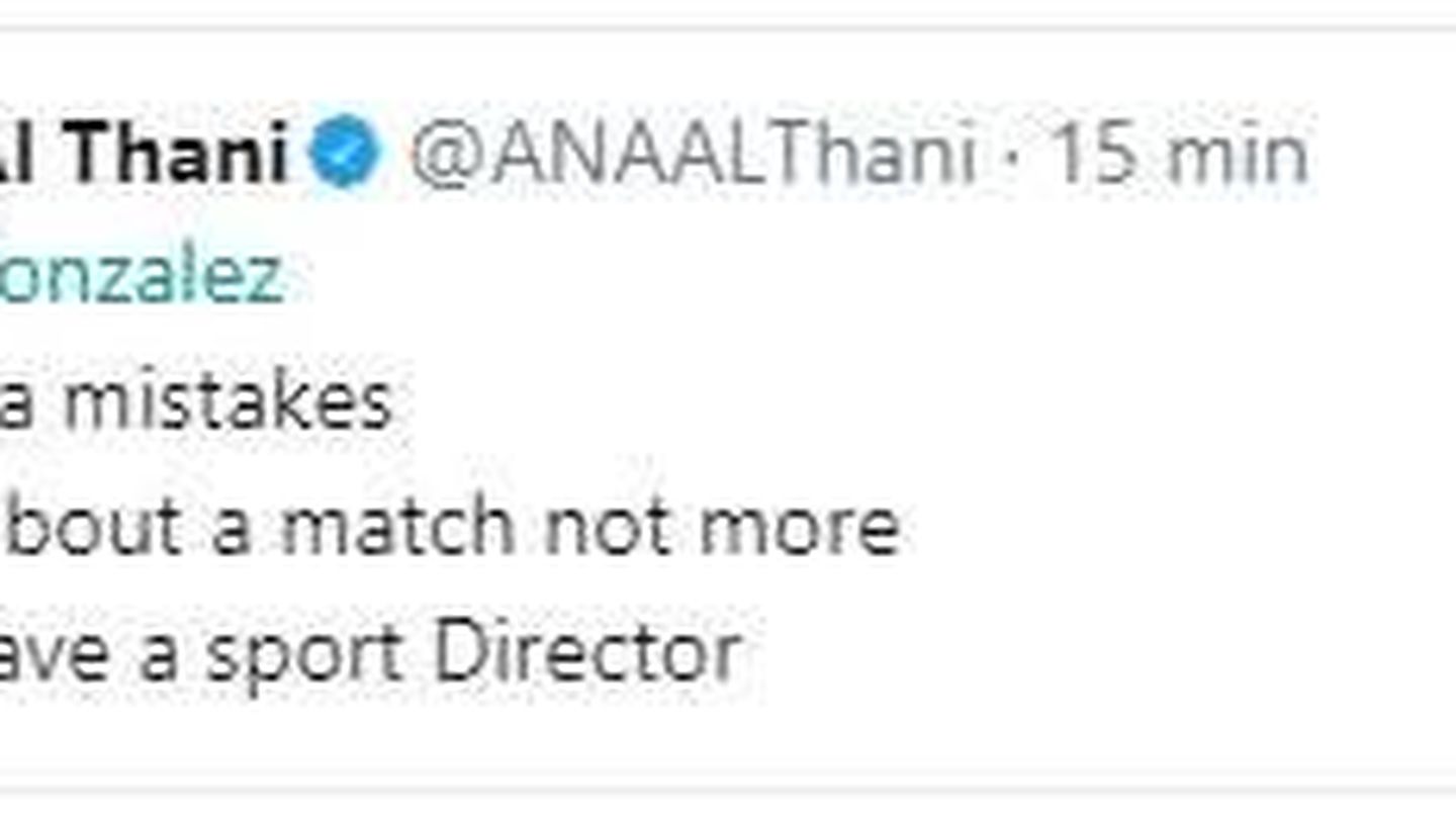 Mensaje que Al Thani borró de su Twitter. 