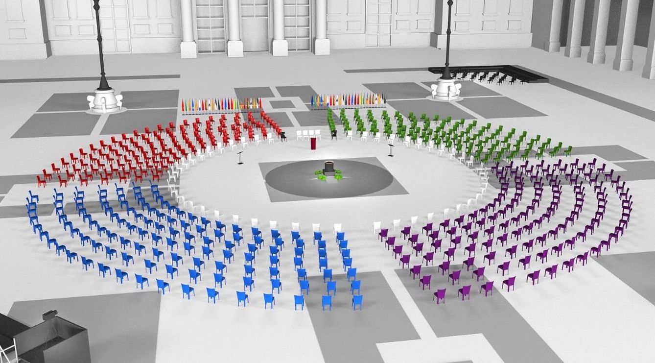 Recreación infográfica de cómo será la disposición de los invitados en la ceremonia civil de Estado a las víctimas del covid-19 en la plaza de la Armería del Palacio Real de Madrid, el próximo 16 de julio de 2020. (Moncloa)