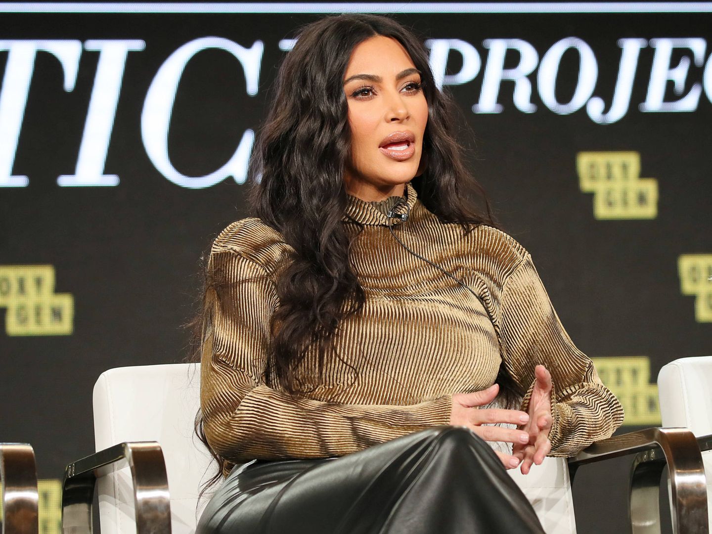  Kim Kardashian, durante una charla. (Getty)