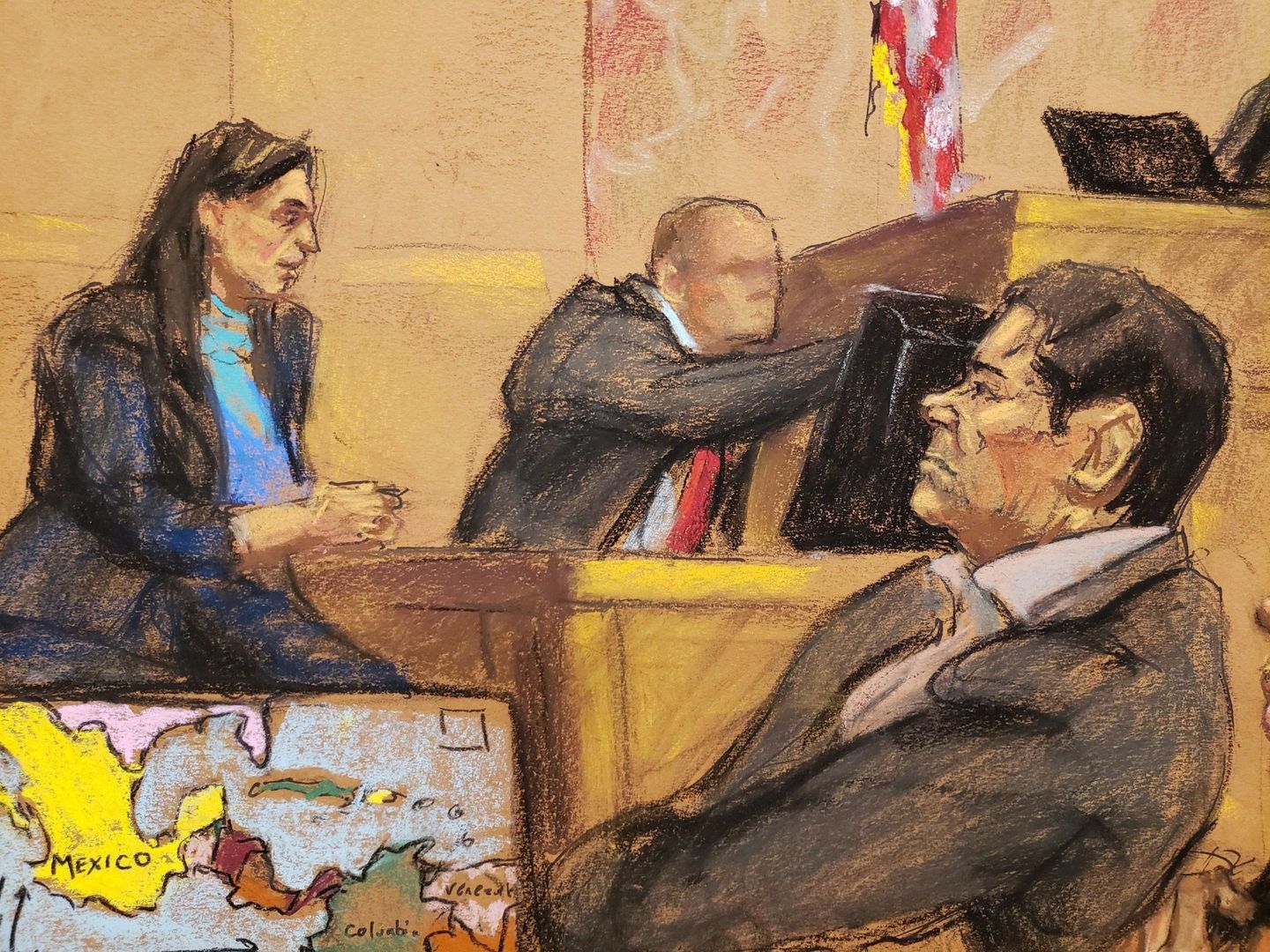 Dibujo de la artista Jane Rosenberg donde aparece el 'Chapo' Guzmán escuchando los testimonios durante la sesión del 26 de noviembre de su juicio. (EFE)