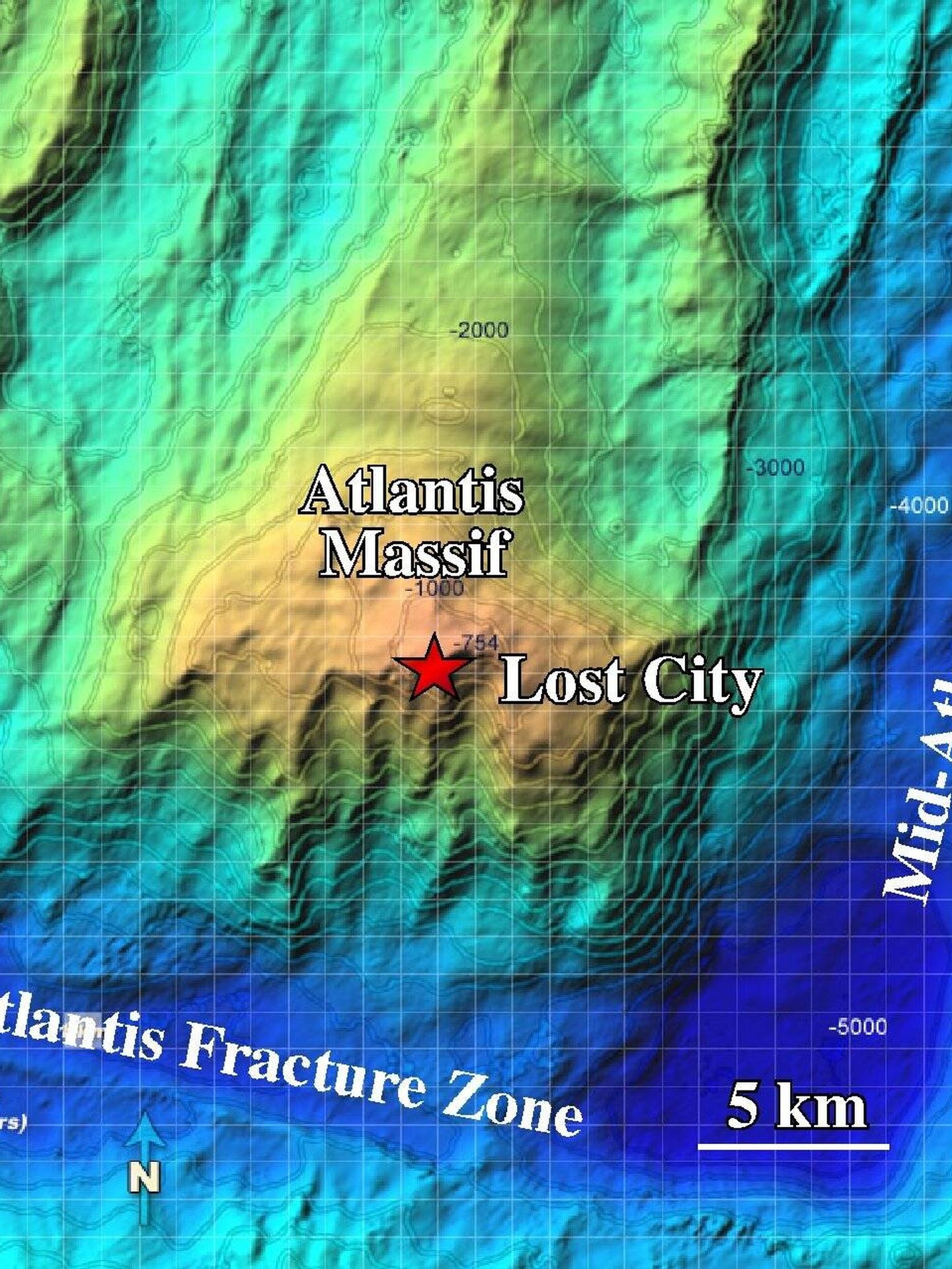 El Macizo de Atlantis. La 'Ciudad Perdida' no se refiere a la mítica Atlántida sino a un campo de chimeneas hidrotermales. (NOAA)