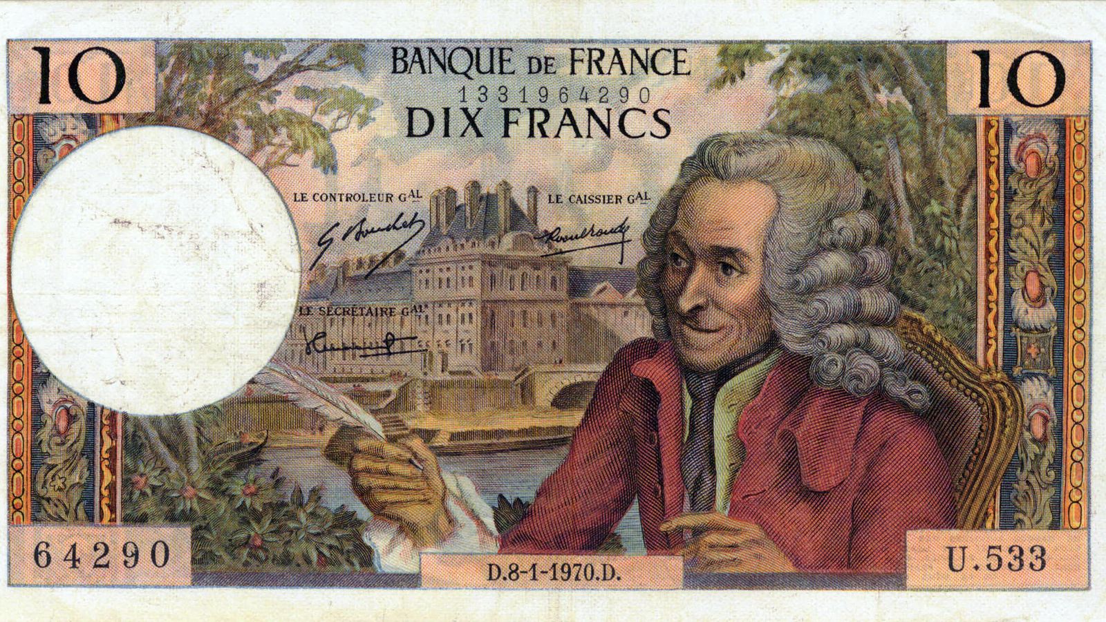 Foto: Homenaje a Voltaire en un billete bancario francés de la segunda mitad del siglo XX.