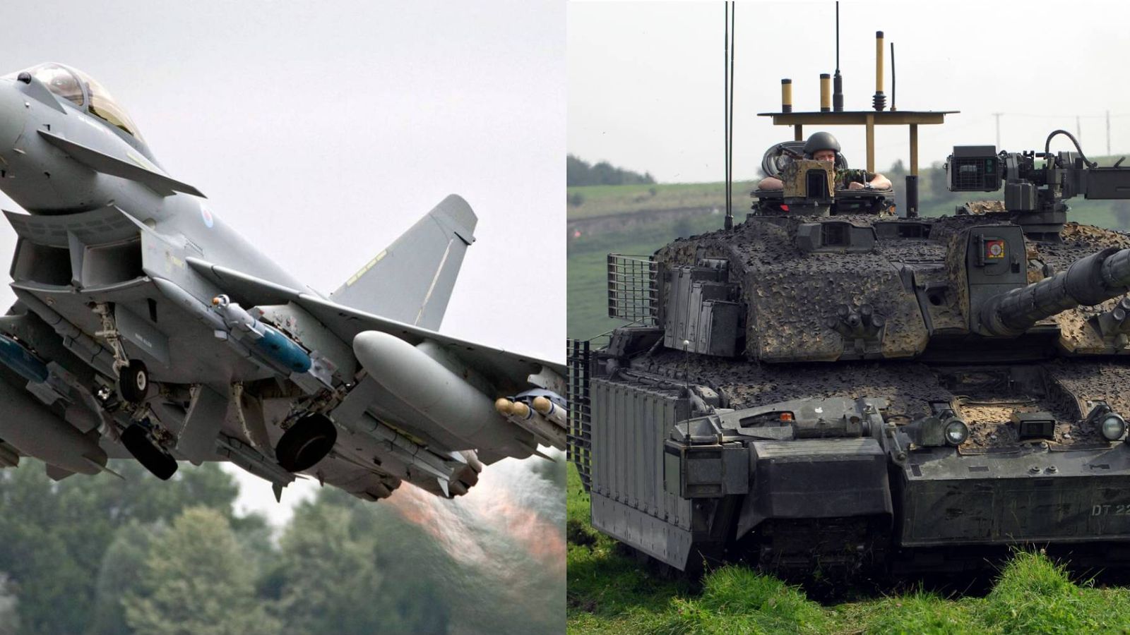 Foto: Un caza Eurofighter y un tanque Challenger 2, ambos desplegados por la OTAN en los Países Bálticos