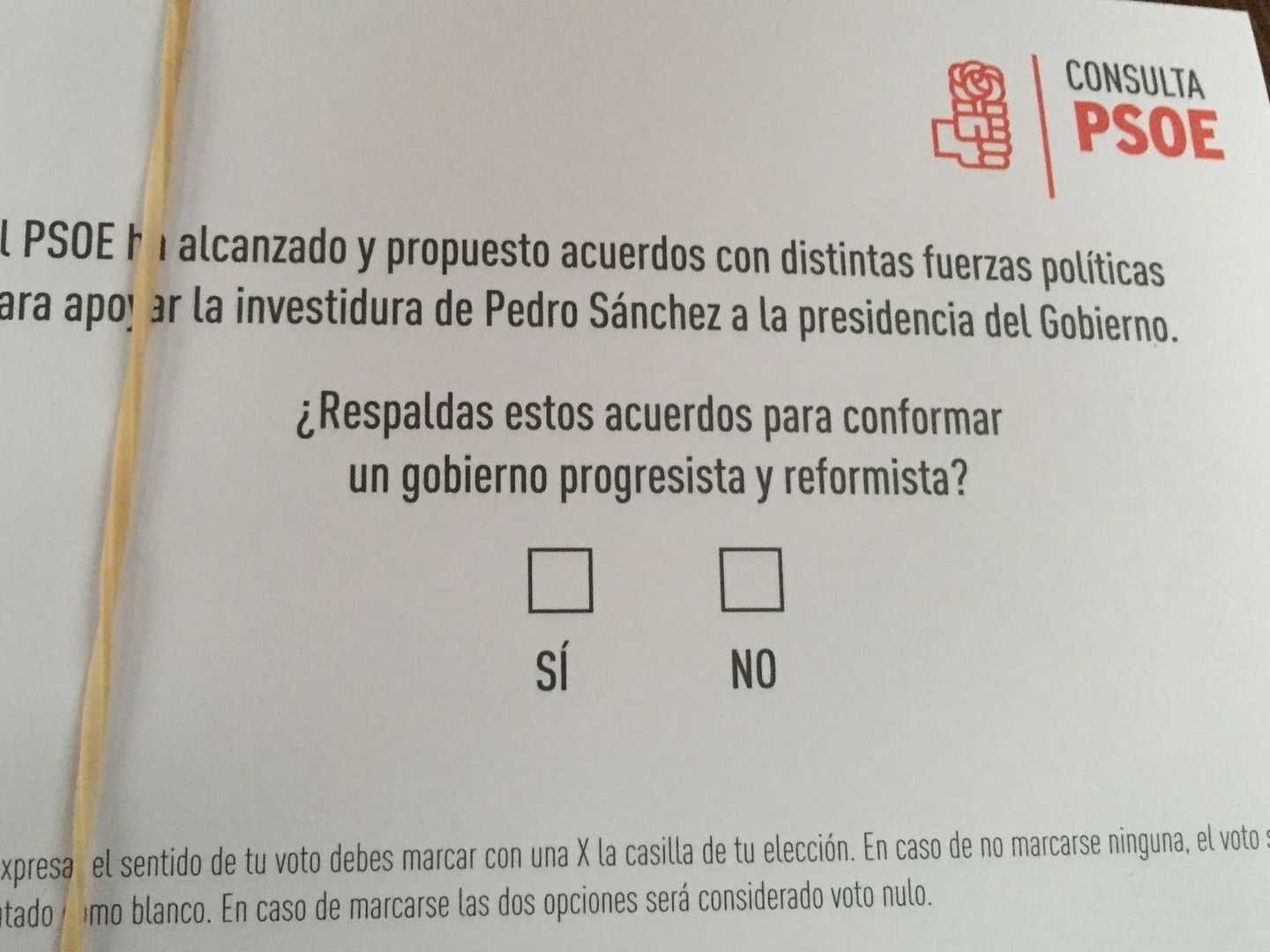 Una de las papeletas de la consulta a la militancia del PSOE de este 27 de febrero. (EC)