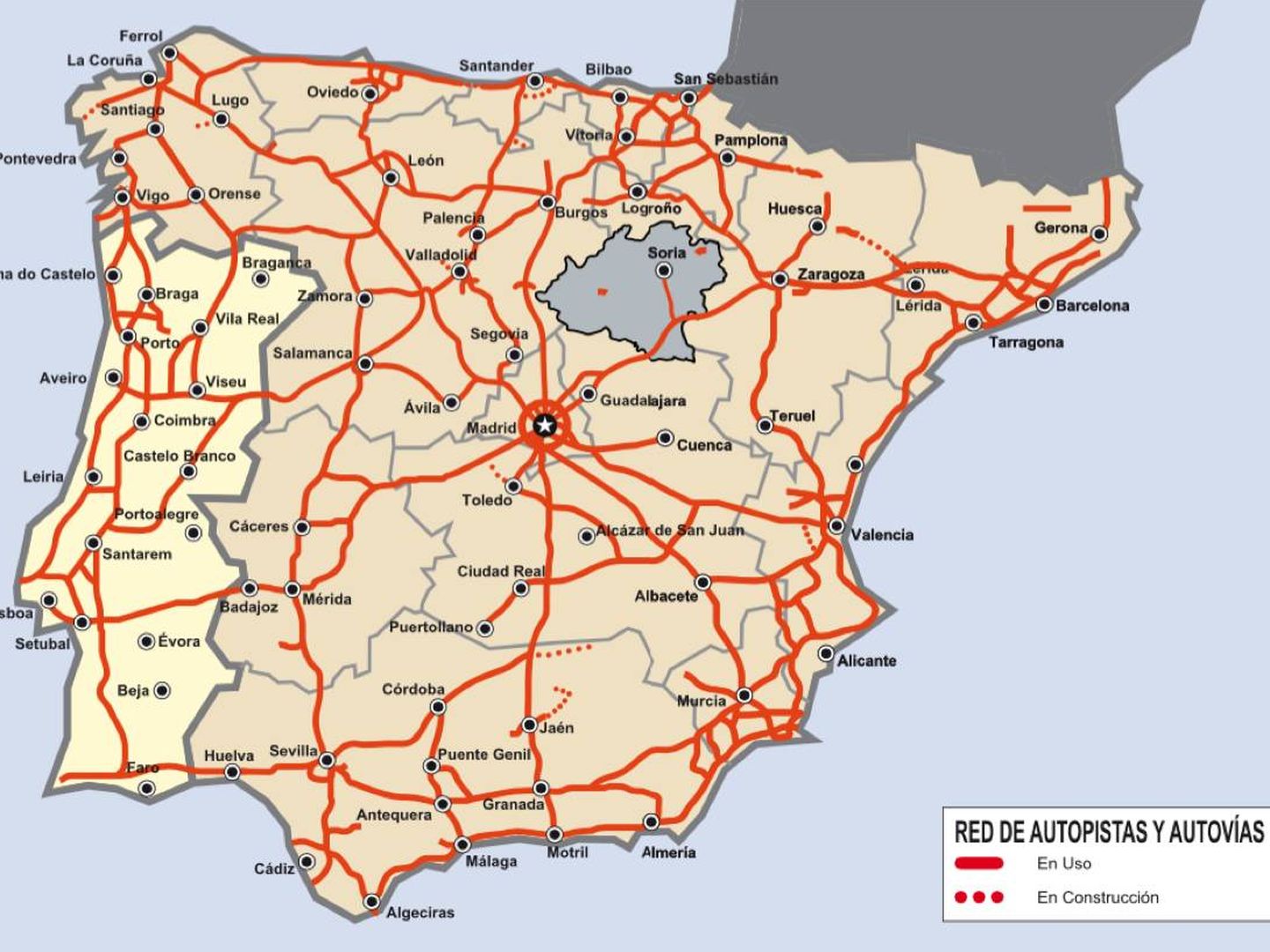 Red viaria en la península ibérica, con la provincia de Soria destacada.