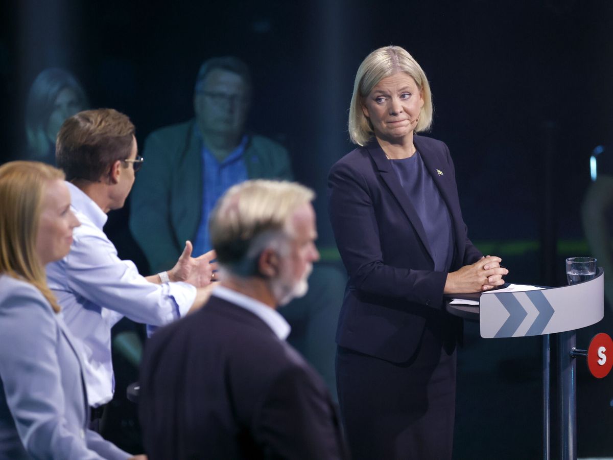 Foto: La primera ministra sueca, Magdalena Anderson, en el debate electoral del 8 de septiembre. (EFE/Christine Olsson)