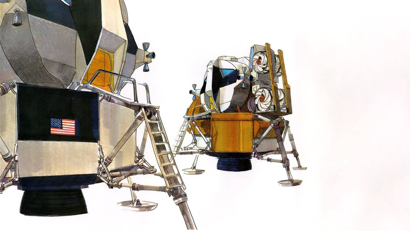 Un Taxi LM (primer plano) frente a un Base LM (módulo lunar base) que hubiera permitido estancias de 14 días. (Grumman)