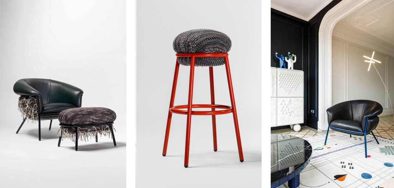 Varias piezas de la nueva colección de Burks: sillón y reposapiés, taburete y sillón de cuero.
