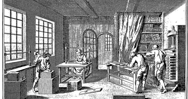 Foto: Grabado de un taller de impresión publicado en la 'Enciclopedia' de Diderot (s. XVIII)
