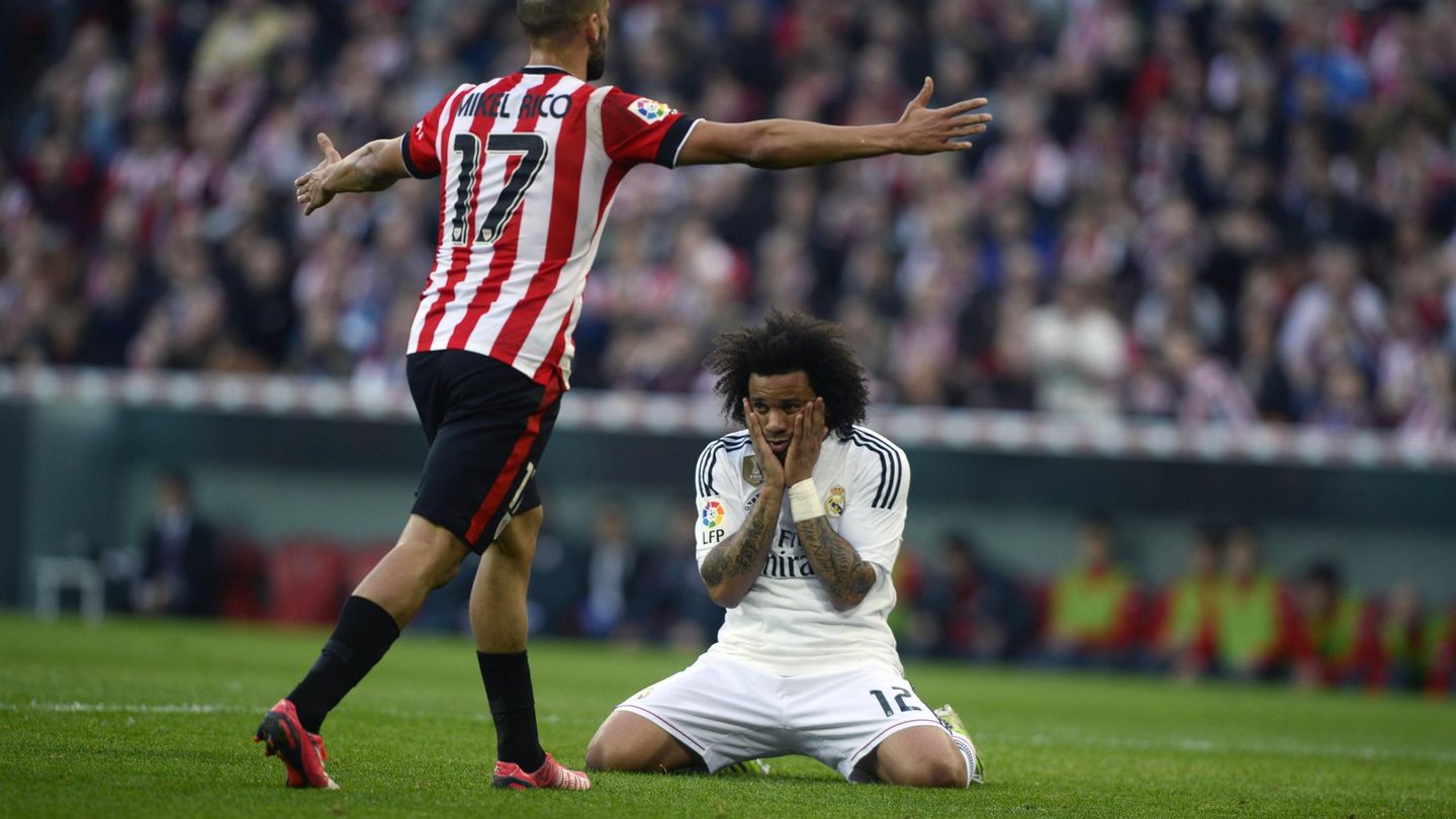 El rostro de Marcelo refleja de maravilla el partido del Madrid en Bilbao (EFE).