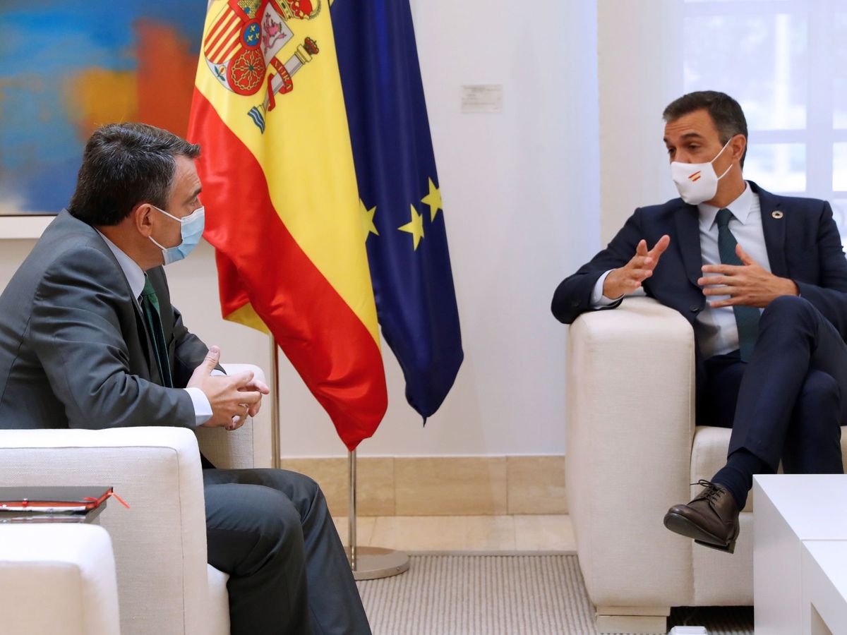Foto: El presidente del Gobierno, Pedro Sánchez, durante una reunión con el portavoz del PNV en el Congreso, Aitor Esteban (i). (EFE)