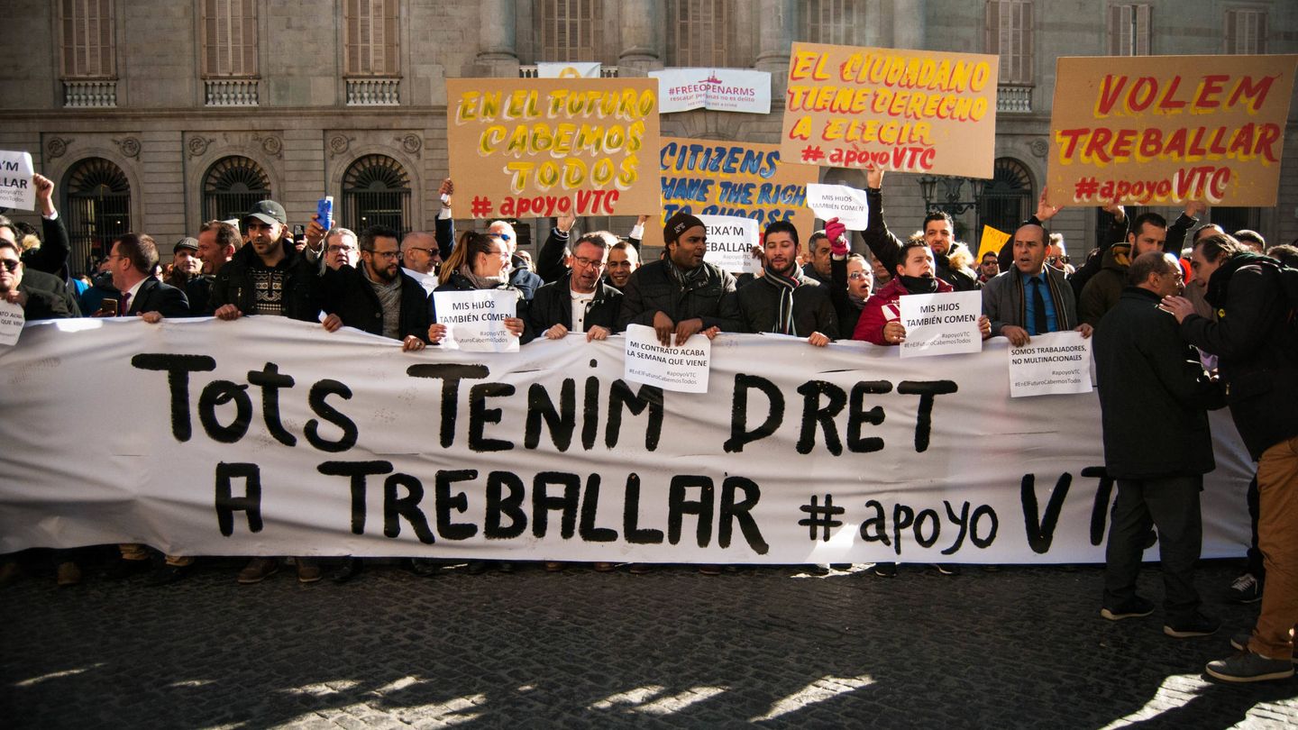Manifestación de conductores de VTC el pasado 25 de enero en Barcelona contra las medidas en torno al sector del taxi. (Carmen Castellón)