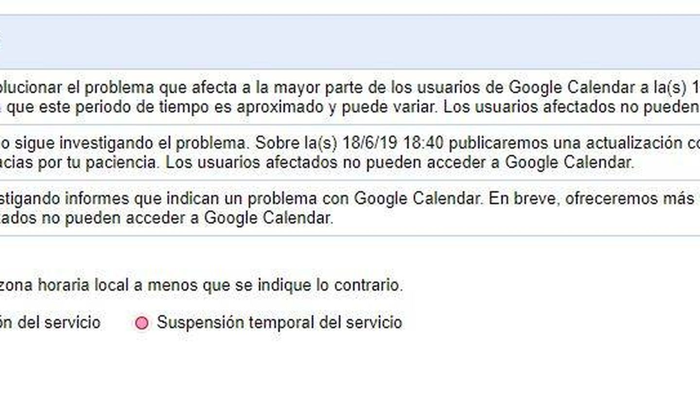 Actualización del estado de la incidencia de Google Calendar. (Google)