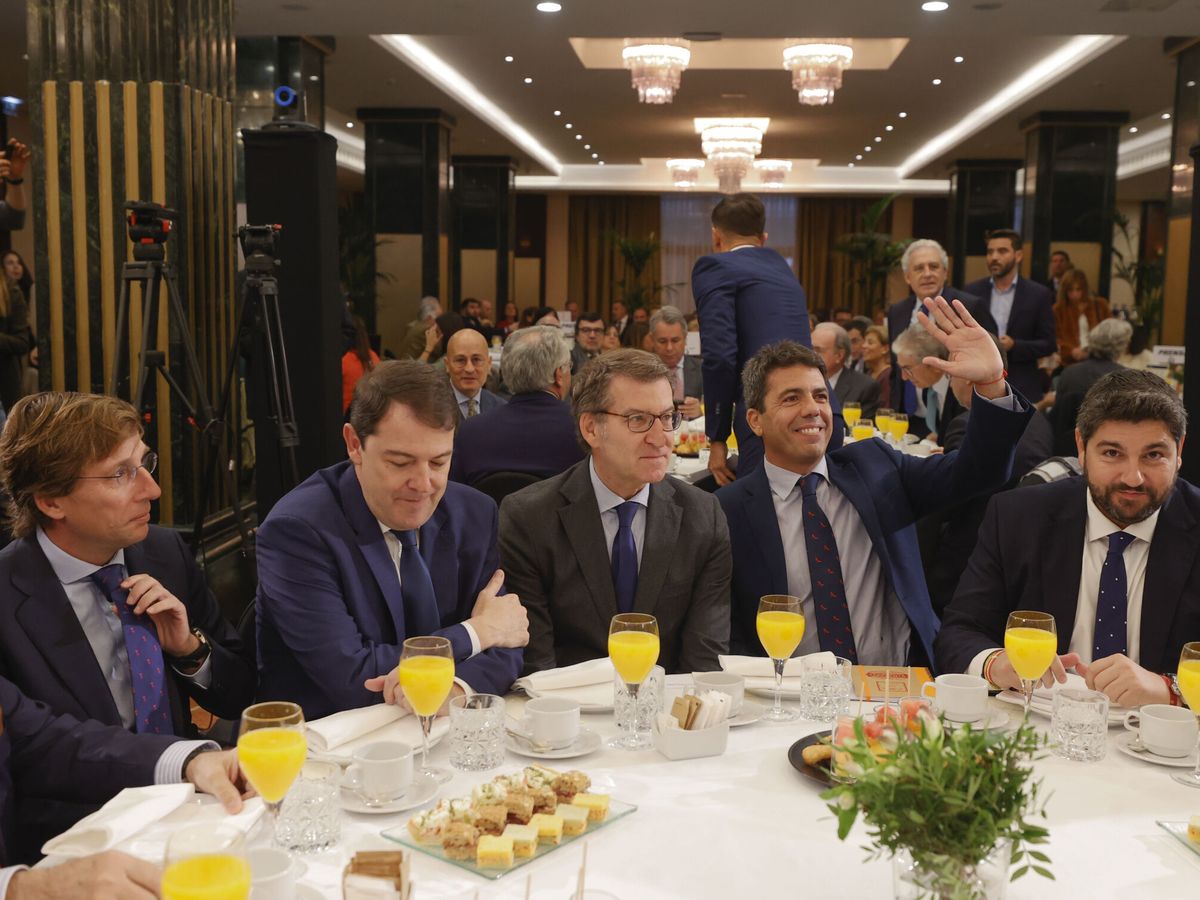 Foto: Alberto Núñez Feijóo en un desayuno en Madrid junto a Carlos Mazón y algunos barones. (EFE/Javier Lizón)