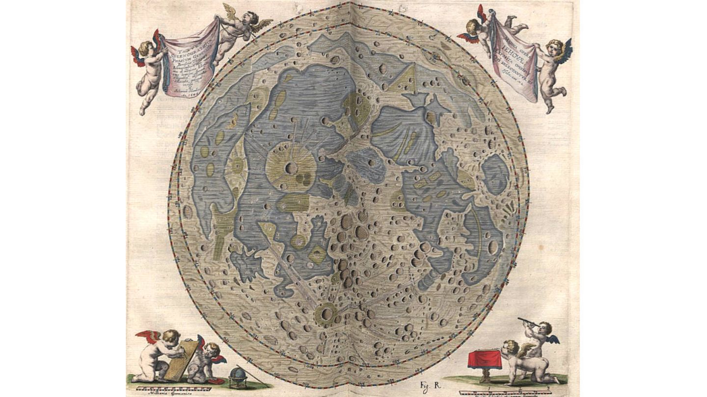 Mapa lunar de Johannes Hevelius (1645). Fuente: Wikipedia.