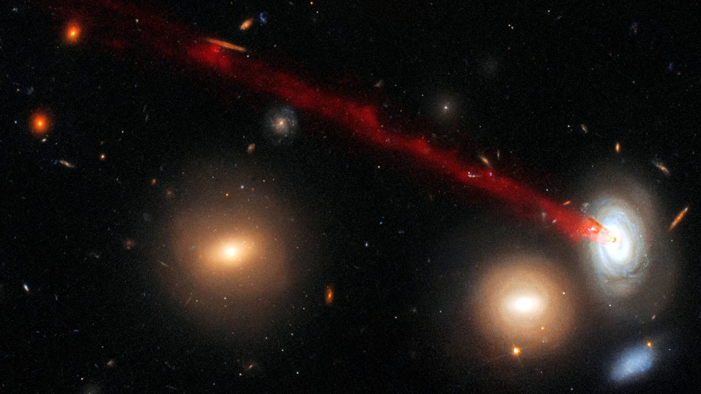 El cúmulo de galaxias Coma. La barra roja muestra una parte de la cola que emerge del descentro de la galaxia espiral D100, a la derecha. (ESA)