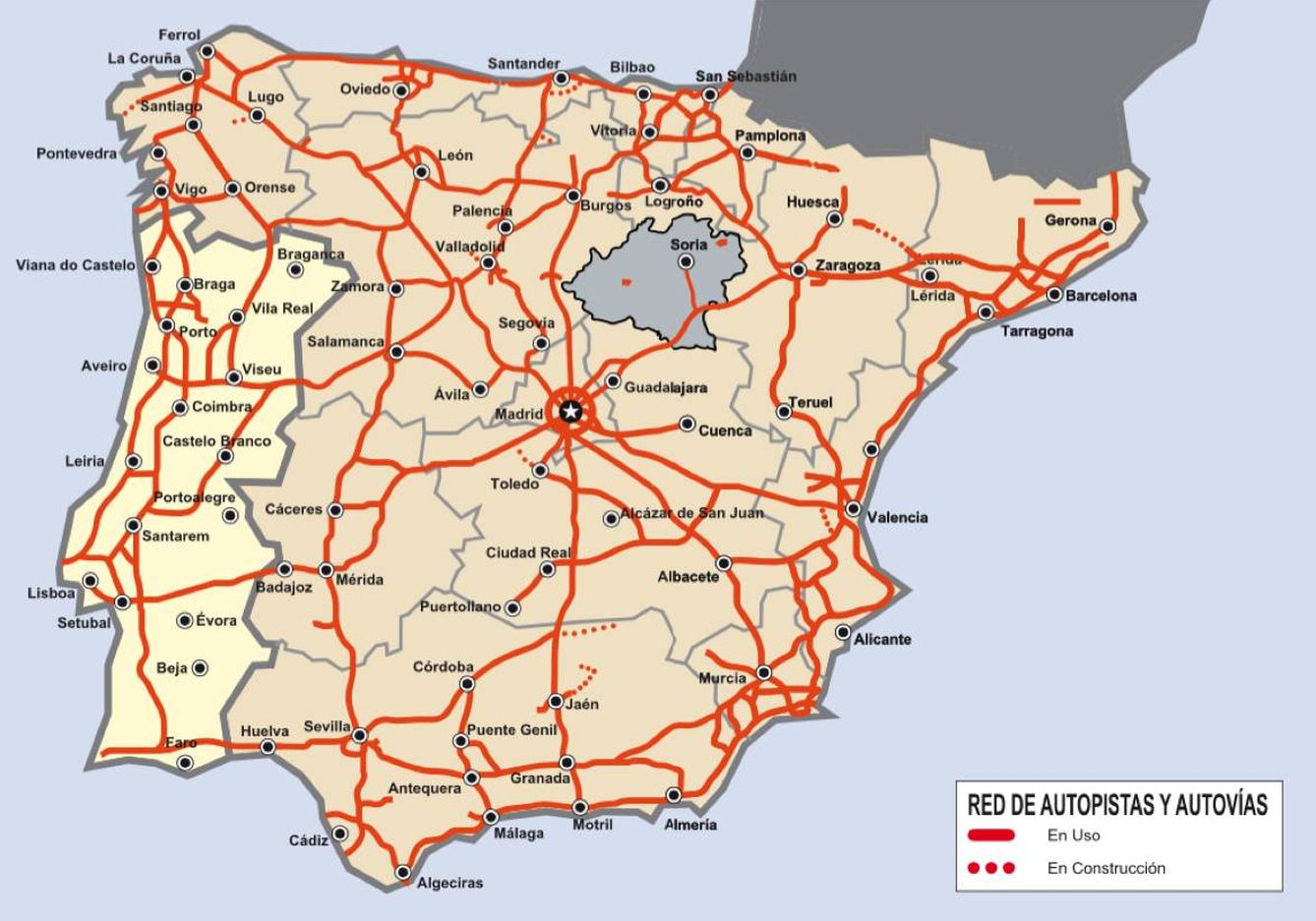 Red viaria en la península ibérica, con la provincia de Soria destacada.