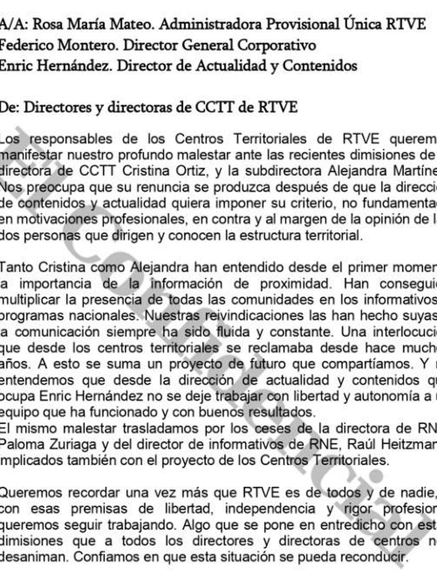 Consulte aquí en PDF la carta de los directores de los centros territoriales de RTVE a Rosa María Mateo y Enric Hernàndez. (EC)