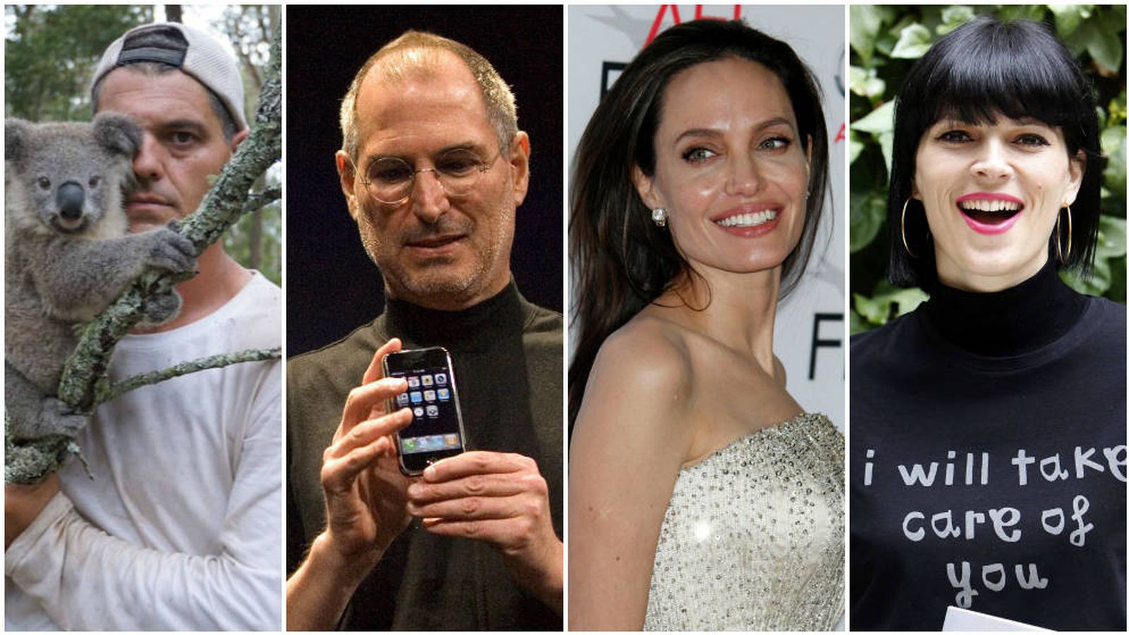 Foto: De izq. a dcha.: Frank Cuesta, Steve Jobs, Angelina Jolie y Bimba Bosé