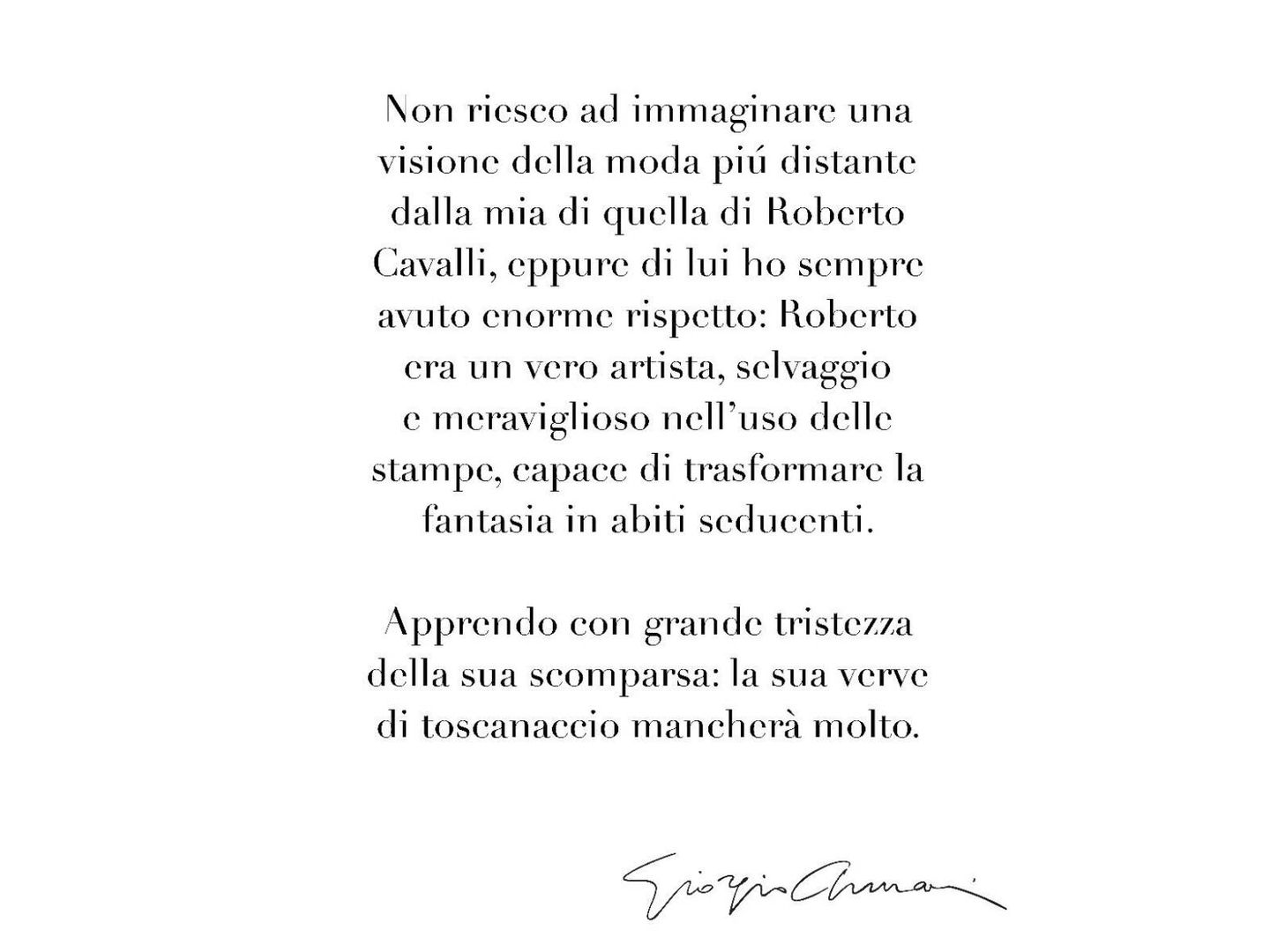 Emotivo mensaje de Giorgio Armani a Roberto Cavalli (Instagram / @giorgioarmani)