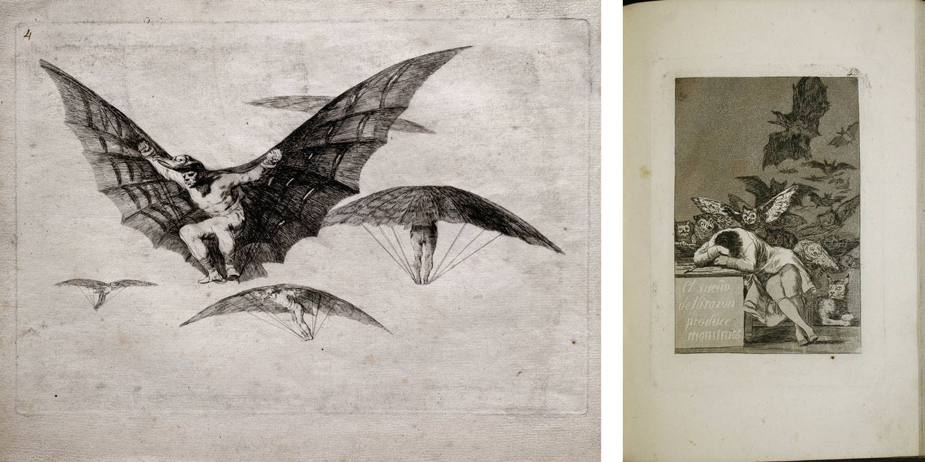 Dos de las obras expuestas en la exposición 'Goya. Obra Gráfica'. A la izquierda, 'Modo de volar'; a la derecha, 'El suen?o de la razo?n produce monstruos'.