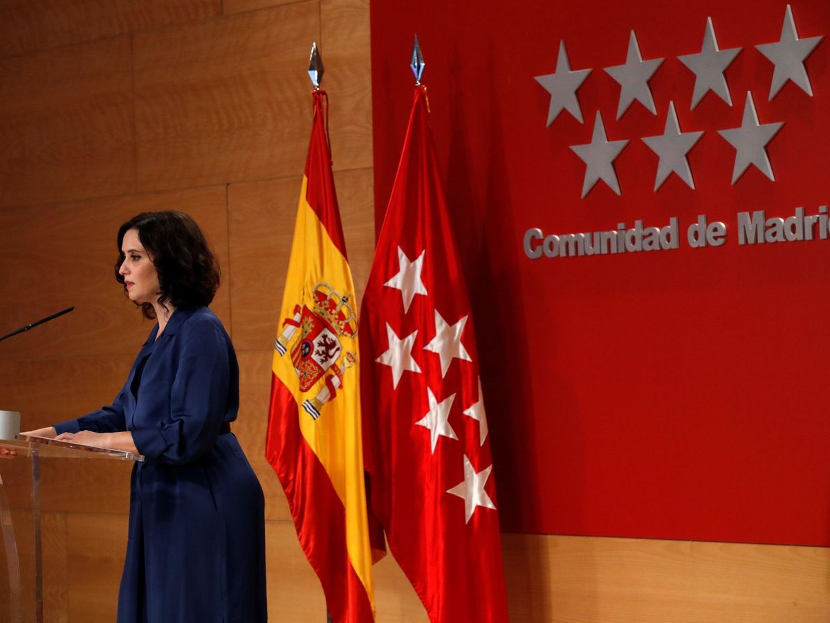 Foto: La presidenta de la Comunidad de Madrid, Isabel Díaz Ayuso, durante la rueda de prensa ofrecida este jueves en la Real Casa de Correos. (EFE) 