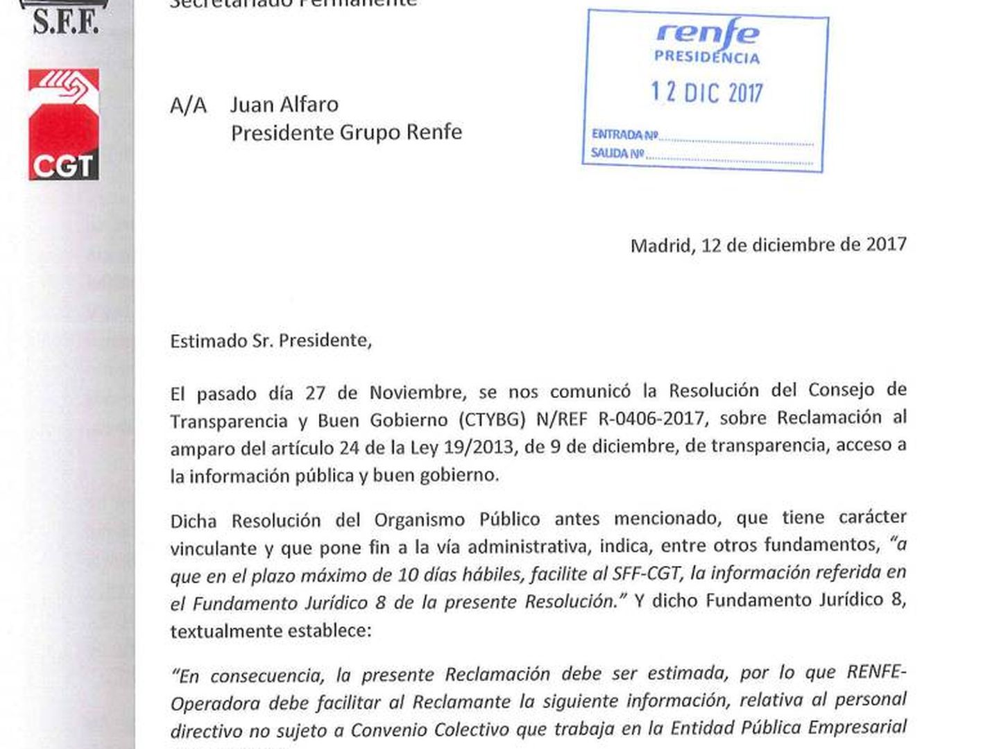 Carta remitida al presidente de Renfe-Operadora, Juan Alfaro.