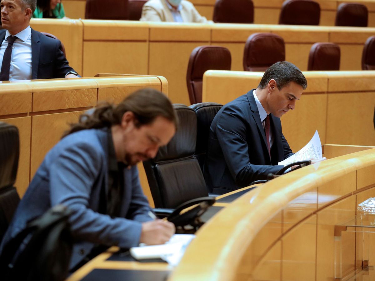 Foto: El presidente del Gobierno, Pedro Sánchez (d), y el vicepresidente segundo, Pablo Iglesias (i), durante una sesión de control en el Senado. (EFE)